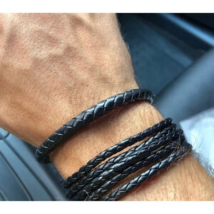 NEW Unisex Men's Black Leather Stainless Magnetic Closure Bracelet 8.25”